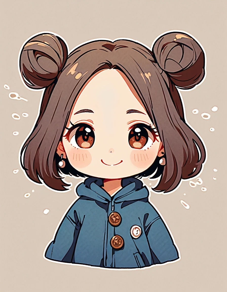 Flat illustration style of playful, cool Chinese girl with black ancient bun, pill hair style, wearing gentle blue jacket, earrings, smiling face, fair skin, short hair, beige background,