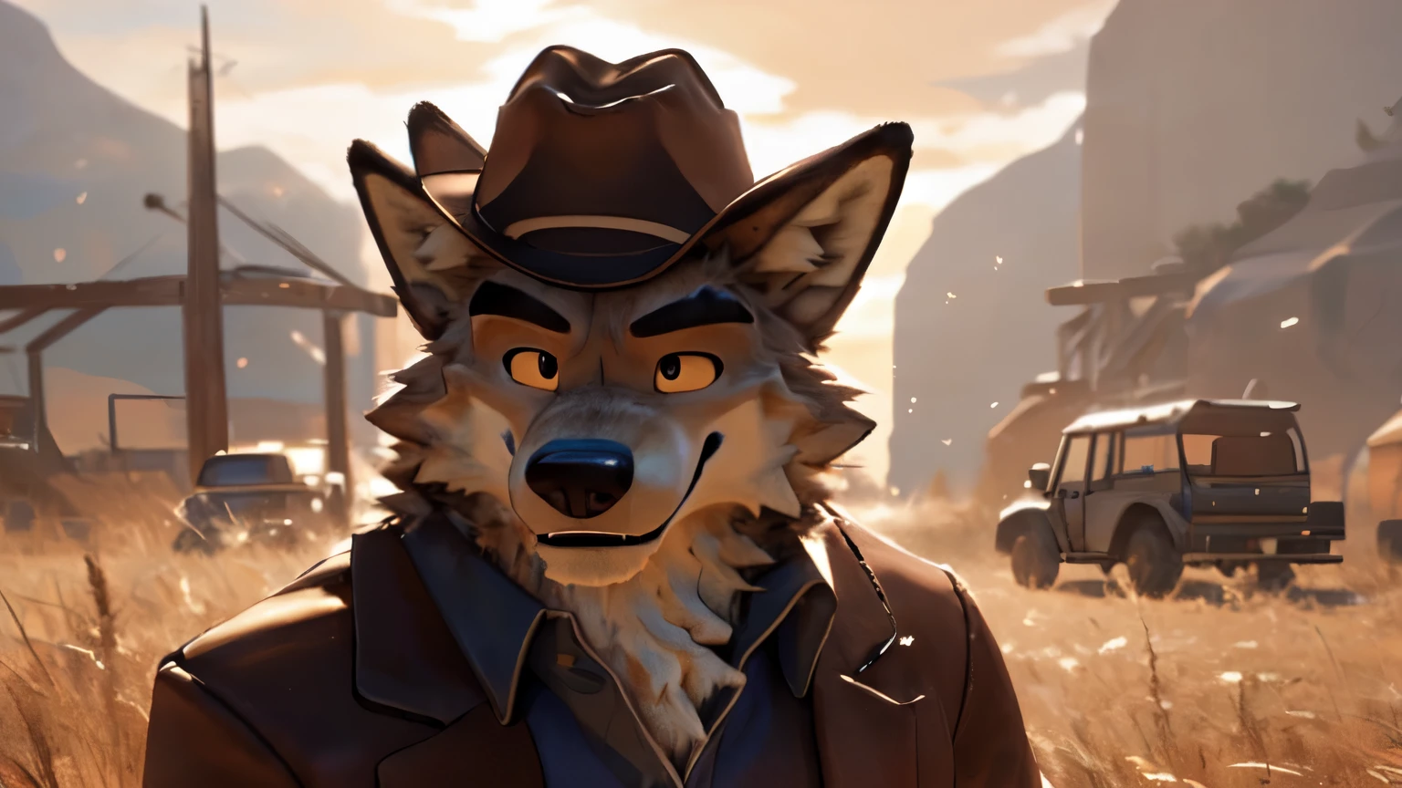 (Coyote wearing cowboy hat, revisited),
Cantering back with a coy wink,
Humanity's wilderness embodied,
A masterpiece of digital art,
Bathed in film light, mood illumined,
Subsurface scattering echoes life,
Coyote head tilted, hat askew,
Combining the best of man and beast,
A cinematic portrayal, a visual feast.