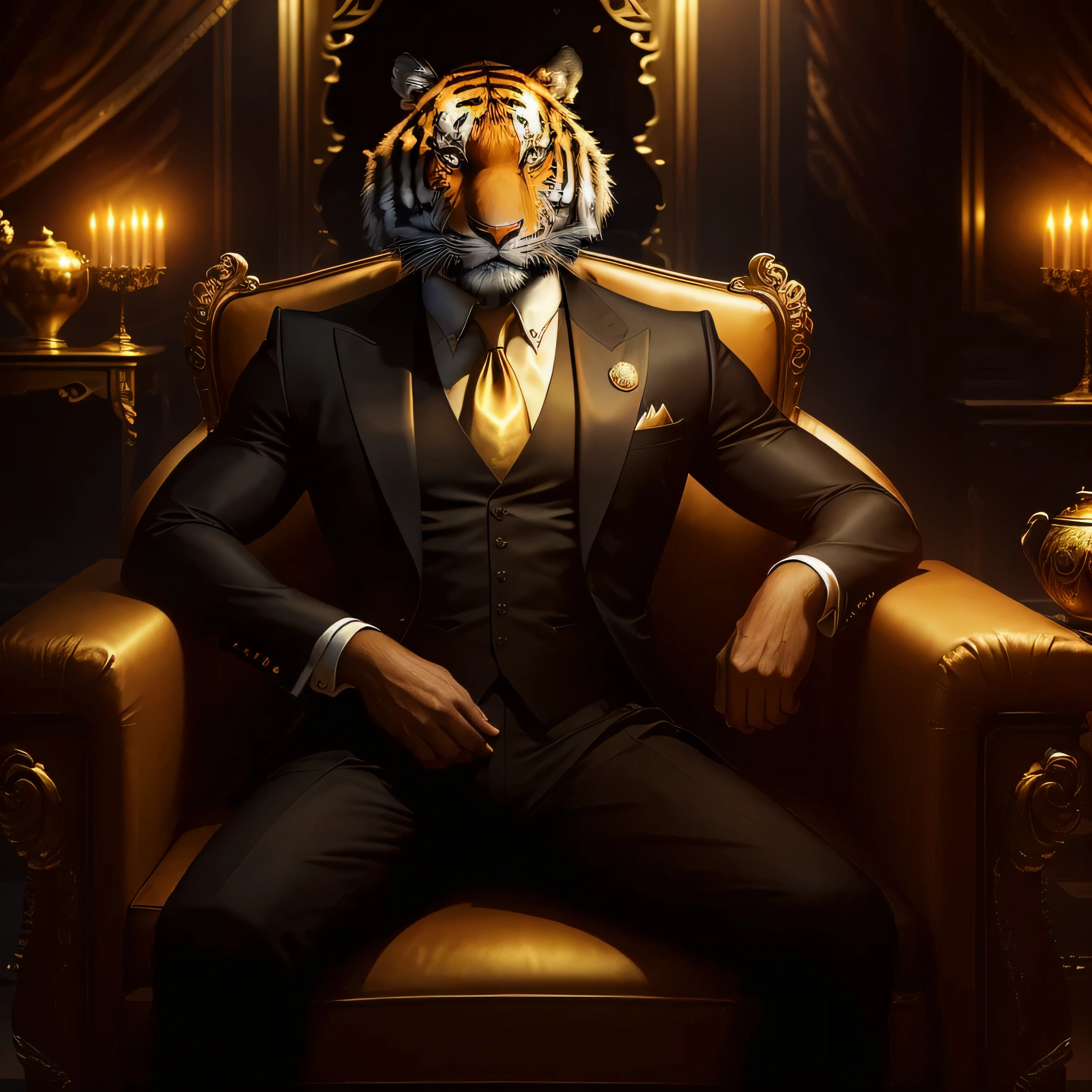 Under the elegant glow of the evening party lights, a tiger clad in a black vest sits upon a golden leather chair, posing for a direct photograph. The light gleams upon the vest, casting a sophisticated shadow on the tiger's sleek fur as it maintains a regal posture. Beneath the warm glow, the tiger's sharp eyes dart between the passing guests, exuding confidence and authority even in the stillness of the moment. The perfection in every detail of the vest, combined with the wild beauty of the tiger, creates a striking and luxurious image amidst the formal atmosphere of the event, capturing a moment of elegance and power frozen in time.