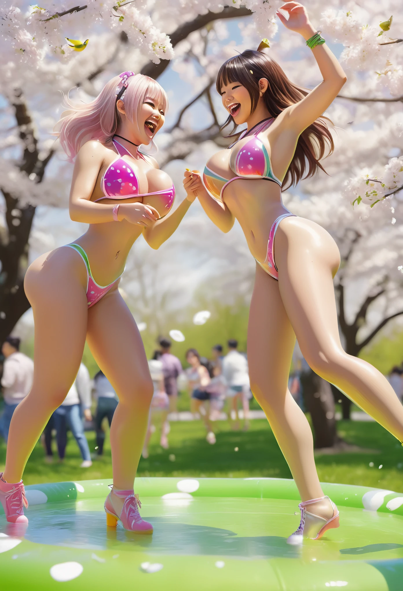 (best quality, highres),spring morning,Jello wrestling,2 extremely cute Asian women,bikinis,giggling,wrestling,playful,energetic,interactive,American crowd,cheering,laughing,surprised expressions,having fun,refreshing,green lime Jello,vibrant colors,transparent,vat of jello,shaking Jello,jiggly texture,wobbly,wrestling mat,bouncy,tables,crowd,coffee,excited chatter,lively atmosphere,relaxed,joyful,Sunday brunch,beautiful weather,outdoor setting,sunshine streaming,shadows,faint breeze,green grass,trees in bloom,flowering cherry blossoms,pink and white petals,pigeons fluttering,background noise of birds chirping,freshly brewed coffee aroma,filled with happiness and laughter,memorable moment,photorealistic,crisp details,vivid colors,pulsating energy,sunny disposition,embrace of spring.