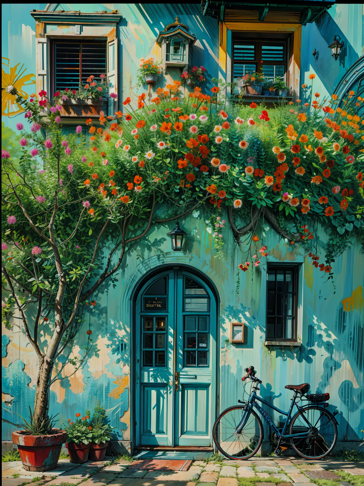 Painting of a bicycle parked in front of a green building, orange and teal, orange and turquoise, orange and teal color, teal and orange, turquoise and orange, teal orange color palette, teal and orange colours, teal and orange colour palette, cyan and orange, teal and orange colors, teal orange, orange flowers, teal orange color scheme, 4k hd,, beautiful art uhd 4 k, a beautiful artwork illustration, beautiful digital painting, highly detailed digital painting, beautiful digital artwork, detailed painting 4 k, very detailed digital painting, rich picturesque colors, gorgeous digital painting