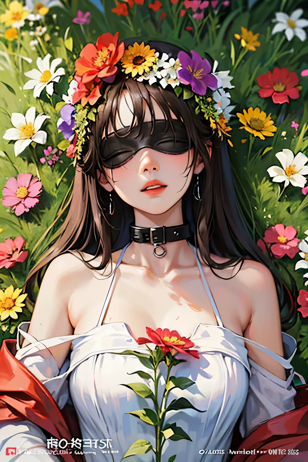 magazine cover,Flower of legend,schillingshot costume,(Collar, blindfold,manacles,sex slave),Watering the flowers,peeing,Sweaty skin,flower garden,gonzo pornography