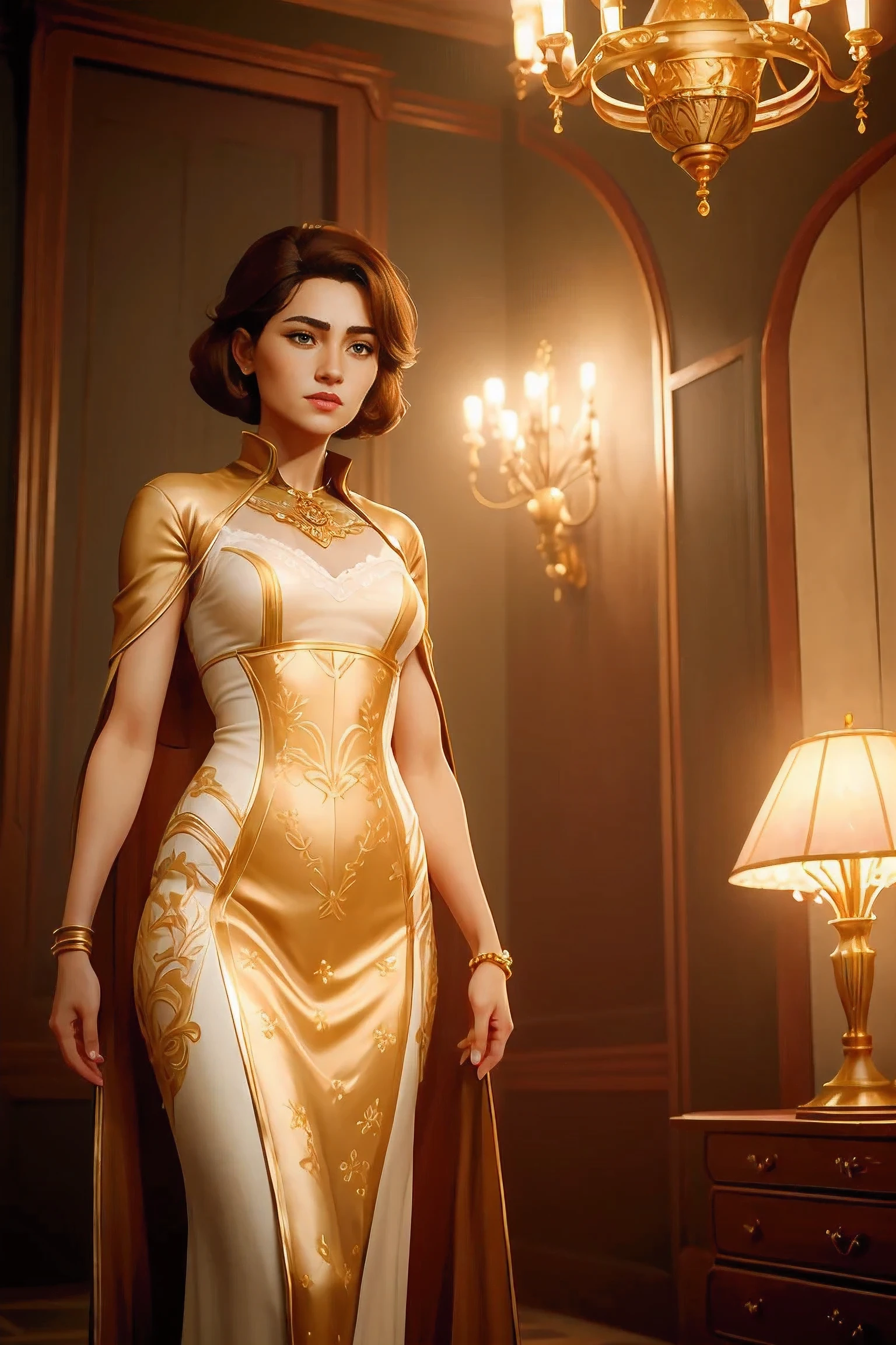 1 woman, front view, serene expression, medium length hair, chestnut brown, straight, hazel eyes, clear skin, soft makeup, golden corseted gown, embossed floral patterns, sheer golden cape, vintage ambiance, antique furniture, wood paneling, chandelier with warm lighting, terracotta tile flooring, historic estate, late afternoon, noble presence.
