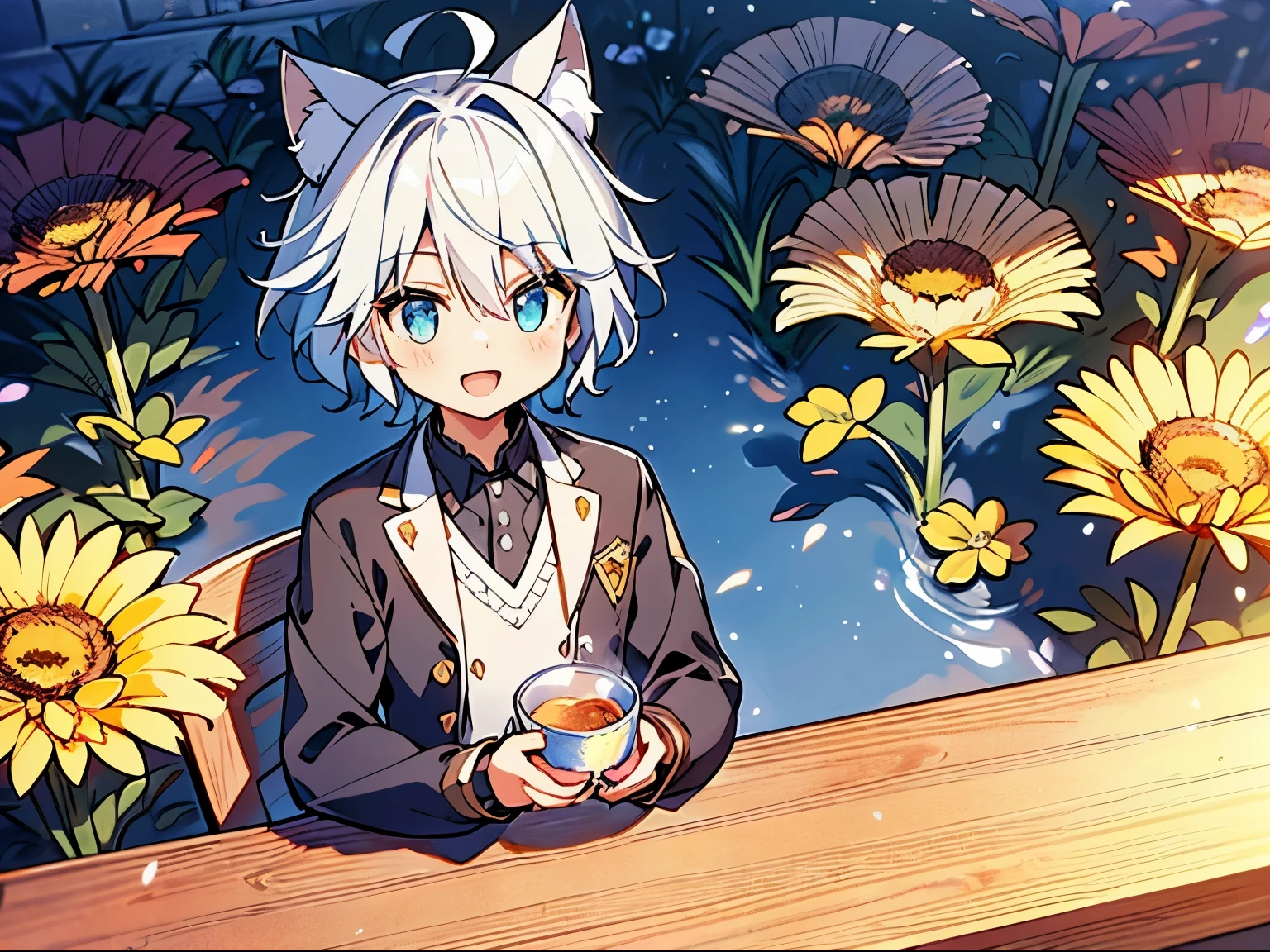(highest quality), (masterpiece), 1080p, hd, 4k, 8K, masterpiece,(1 person:1.5),boy,Cat ear,Cat earのティーンエイジャー(gray hair, short hair) ,magic,beautiful eyes、depicted in detail,Smile,spring container,Dandelion,on the road,morning