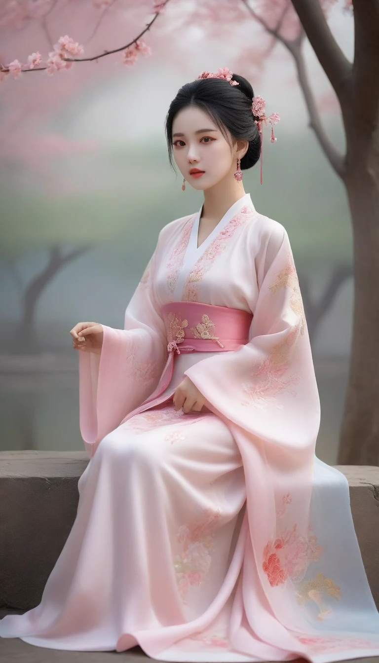 arafed asian woman in a pink dress sitting under a tree, palace ， a girl in hanfu, chinese style, hanfu, beautiful character painting, chinese girl, Hungry Ghost Festival, beautiful digital artwork, chinese fantasy, white hanfu, traditional beauty, wearing ancient chinese clothes, artwork in the style of guweiz, trending on cgstation