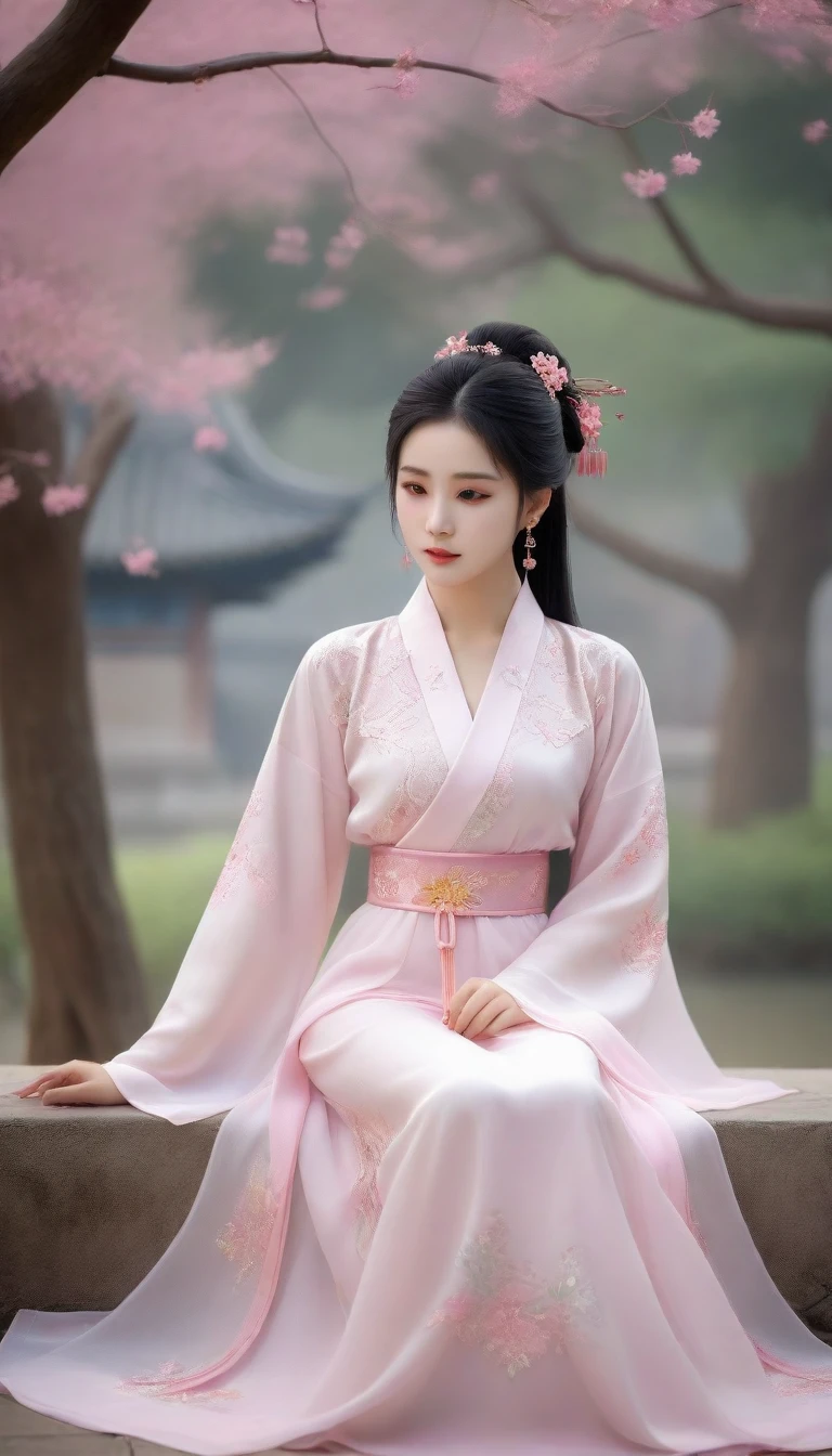 arafed asian woman in a pink dress sitting under a tree, palace ， a girl in hanfu, chinese style, hanfu, beautiful character painting, chinese girl, Hungry Ghost Festival, beautiful digital artwork, chinese fantasy, white hanfu, traditional beauty, wearing ancient chinese clothes, artwork in the style of guweiz, trending on cgstation
