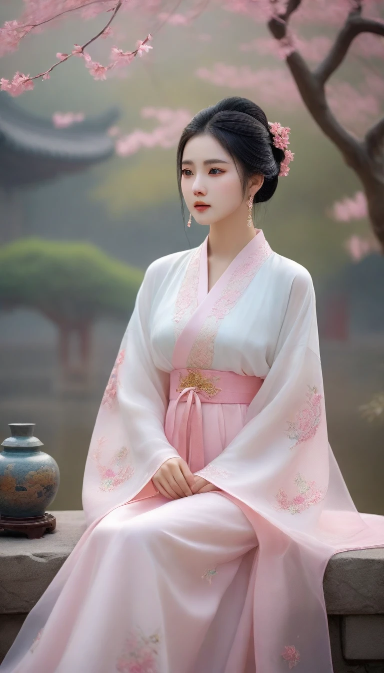 arafed asian woman in a pink dress sitting under a tree, palace ， a girl in hanfu, chinese style, hanfu, beautiful character painting, chinese girl, Hungry Ghost Festival, beautiful digital artwork, chinese fantasy, white hanfu, traditional beauty, wearing ancient chinese clothes, artwork in the style of guweiz, trending on cgstation