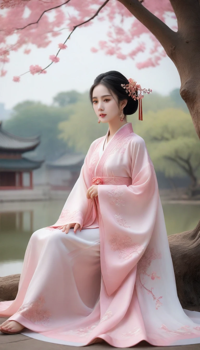 arafed asian woman in a pink dress sitting under a tree, palace ， a girl in hanfu, chinese style, hanfu, beautiful character painting, chinese girl, Hungry Ghost Festival, beautiful digital artwork, chinese fantasy, white hanfu, traditional beauty, wearing ancient chinese clothes, artwork in the style of guweiz, trending on cgstation