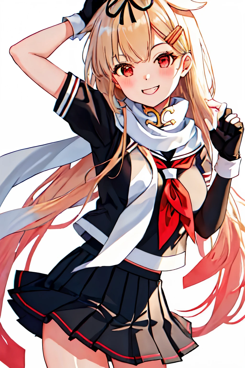 highest quality, masterpiece, High resolution, 一人in, {yuudachi_Fleet Collection:1.15}, length_hair, blonde_hair, ribbon, hair_ribbon, hair_flap, hair_ornament, red_eye, hairclip, black_ribbon, smile, red面, serafuku, chest, 1 girl, black_gloves, black_serafuku, black_skirt, fingerless_gloves, gloves, neckerchief, pleined_skirt, red_neckerchief, scarf, School_uniform, skirt, white_scarf, short_sleeve, simple_background, white_background, cowboy_shot, looking for_in_viewer