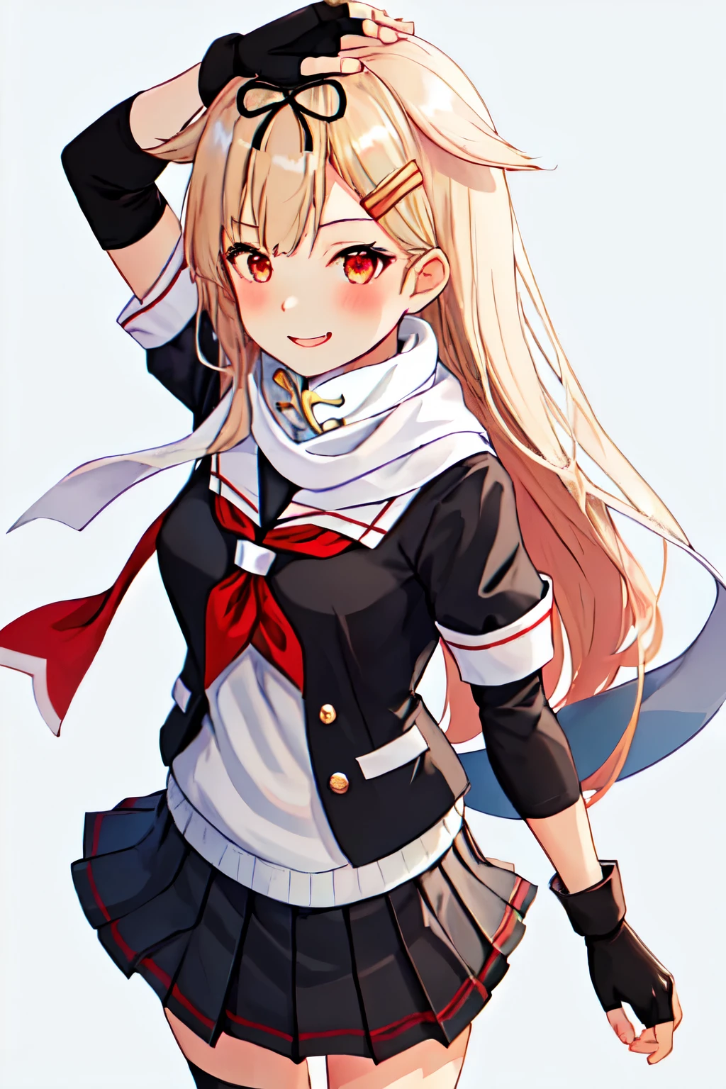 highest quality, masterpiece, High resolution, 一人in, {yuudachi_Fleet Collection:1.15}, length_hair, blonde_hair, ribbon, hair_ribbon, hair_flap, hair_ornament, red_eye, hairclip, black_ribbon, smile, red面, serafuku, chest, 1 girl, black_gloves, black_serafuku, black_skirt, fingerless_gloves, gloves, neckerchief, pleined_skirt, red_neckerchief, scarf, School_uniform, skirt, white_scarf, short_sleeve, simple_background, white_background, cowboy_shot, looking for_in_viewer