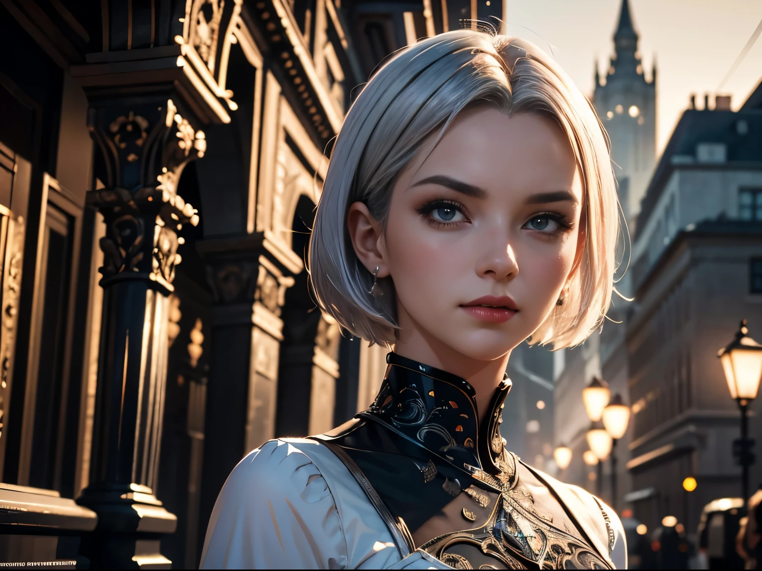 a beautiful 25 year old British royal vampire with short silver hair, pale skin, wearing silver shirt with ornate red lining and tight black pants, Vista de frente, ambient lighting, Foto Realismo, detalhe intrincado do rosto, intricate hand details, altamente detalhado, cores vibrantes, cinematic, High definition, trends in Artstation raw style