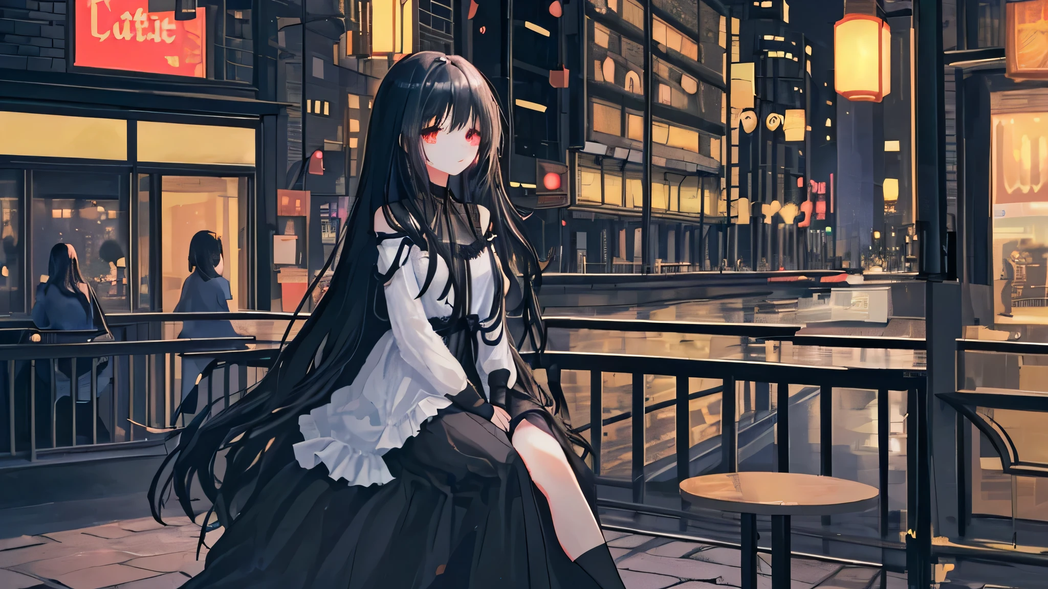 A beautiful girl standing in silence、black hair、long hair、wearing a dress、sitting in a cafe、City of night、Illustration for BGM、highest quality、Street lights are shining at 8k