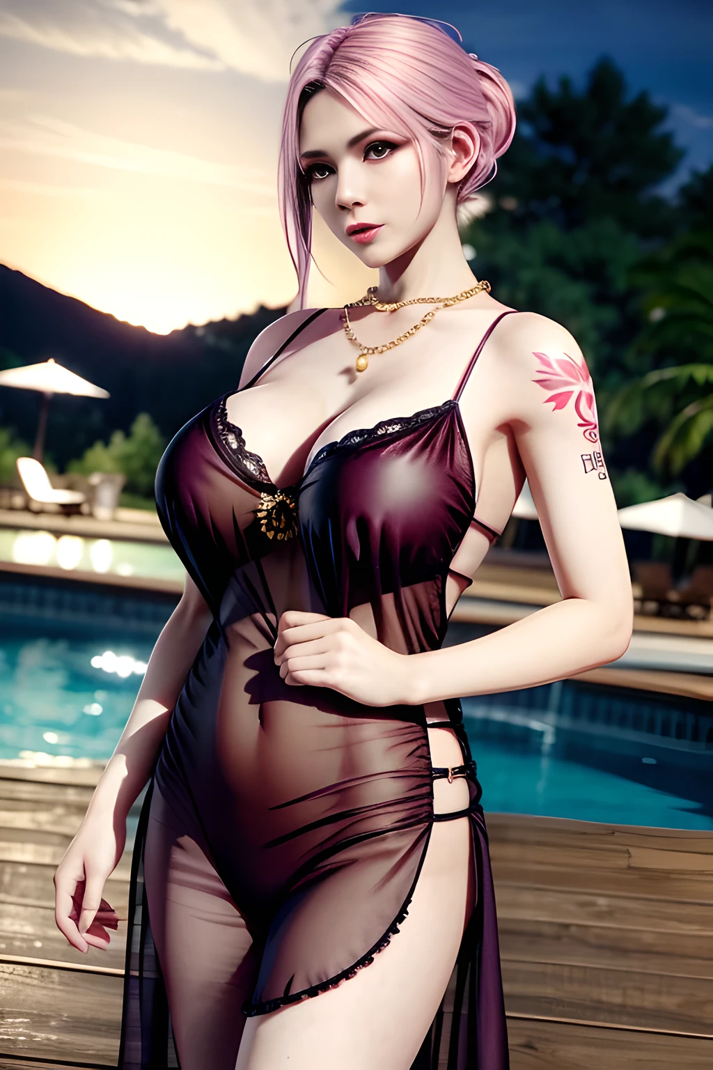 1 girl,standing posture,(Gauze nightgown), thong, body chain, outdoor,elegant,nighttime,moonlighe,shiny skin,( huge breasts), red lips,( tattoos:1.3), masterpiece, best quality, realistic ,Rich artistic colors, 8K,soft shadows,Portrait art,solo,  elise,