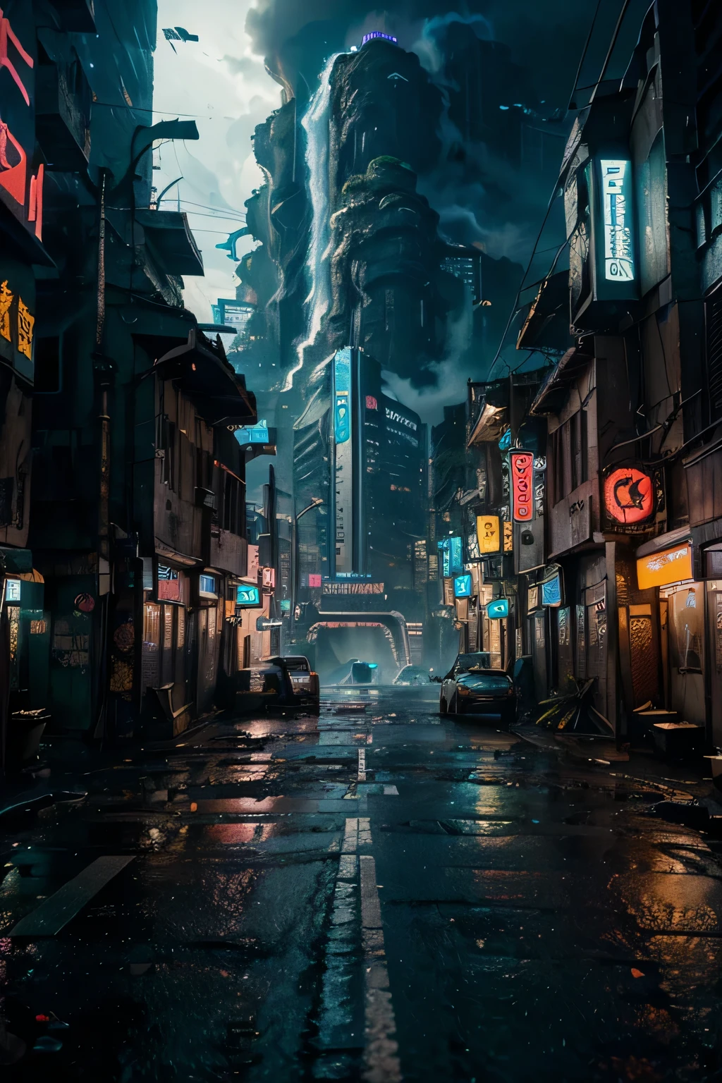 (artistic photography of a cyberpunk city), centered, River, waterfalls, Mountains, storm,(extremely detailed:1.2), (intricate sleek neon slums in the background:1.1), A high resolution, The road in the foreground