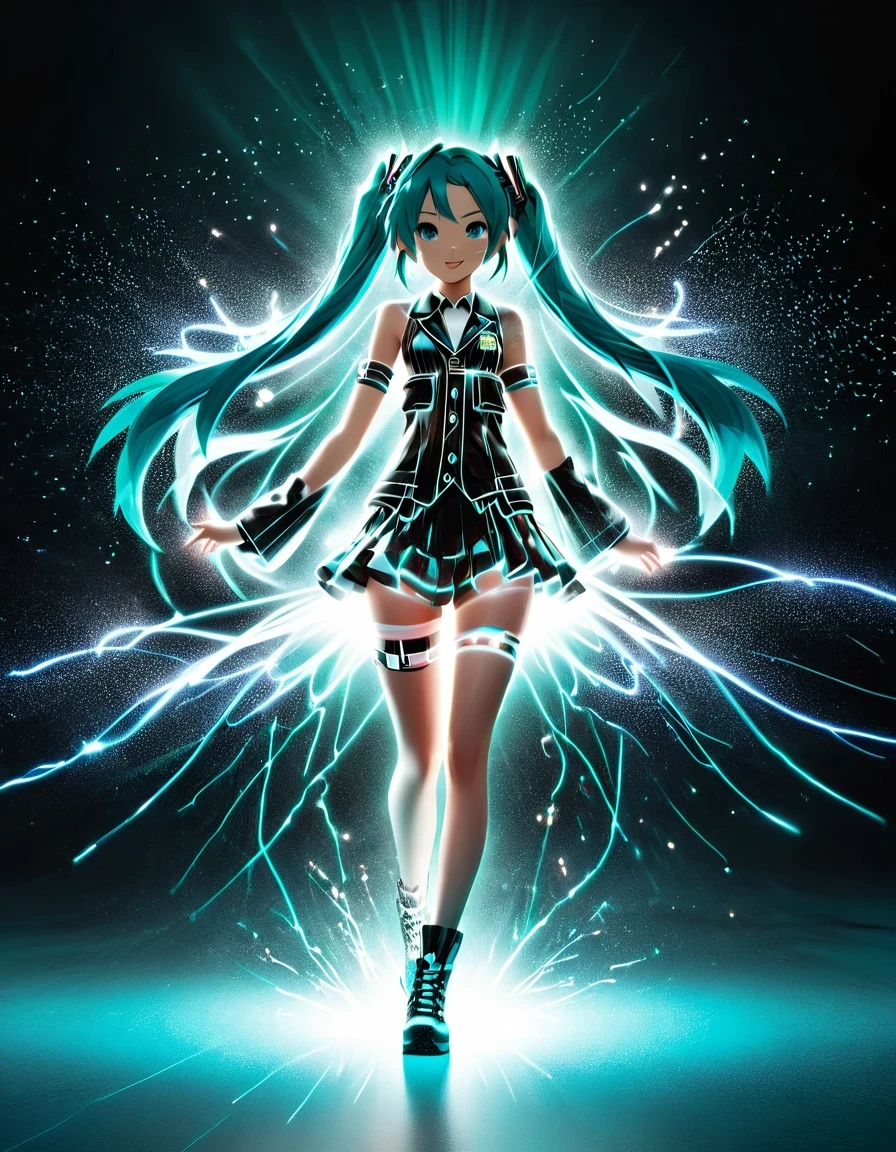 (Hatsune Miku transparently dances hip-hop and sings happily、：0.65), （Hip-hop costumes）Transparent ray tracing，hip-hop poss，She wears iconic clothes，surreal, Visual exaggeration, Nano punk,atom punck, assemble ,circuit,light painting,♒︎,Pisces, ♓︎,Unreal Engine,octane rendering,V-ray,high detail ,super quality,High resolution,Surrealism,16K,super wide angle,satellite view,bioluminescence,background：Black Stage，Looking up