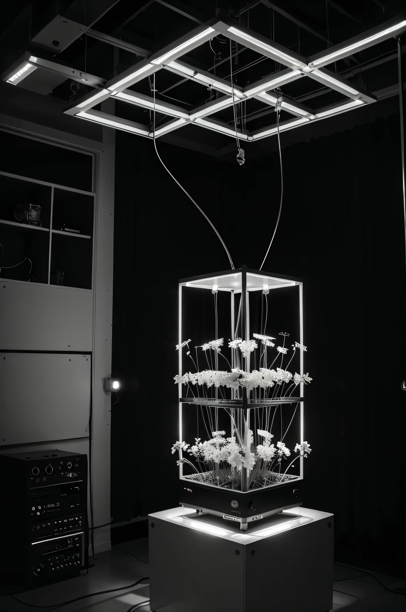 Flowers grow from a modular synthesizer, with long stems, intertwined with wires, the lights are on, Soft light, sound systems everywhere, mosquitoes fly, Moths, night and light, black and white image with colored light bulbs