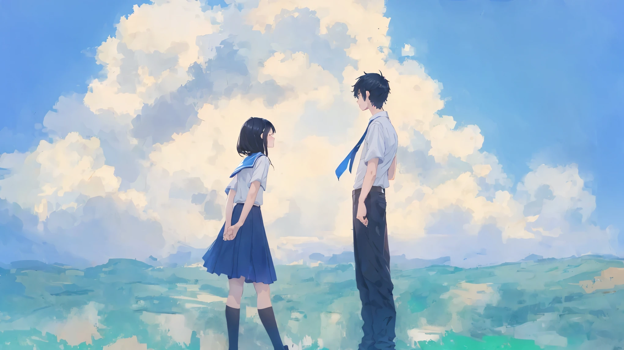 girl and boy student wearing , black hair, blue sky, ultra detailed, 8k, masterpiece