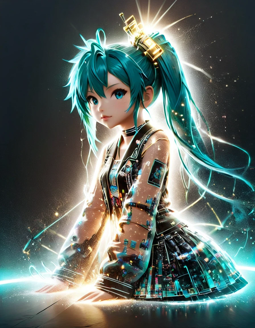 (Transparent hip-hop Hatsune Miku、：0.65), （Hip-hop costumes）Transparent ray tracing，hip-hop poss，She wears iconic clothes，surreal, Visual exaggeration, Nano punk,atom punck, assemble ,circuit,light painting,♒︎,Pisces, ♓︎,Unreal Engine,octane rendering,V-ray,high detail ,super quality,High resolution,Surrealism,16K,super wide angle,satellite view,bioluminescence,background：Black Stage