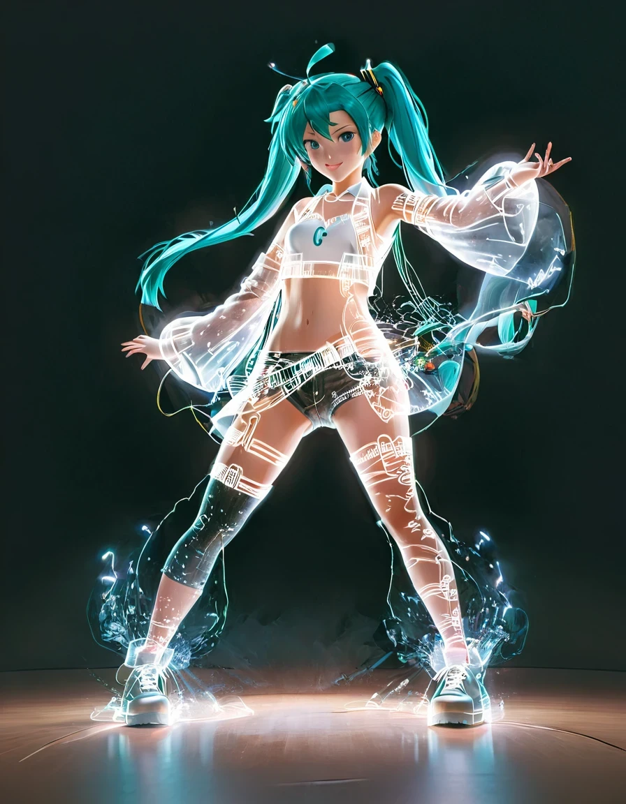 (Transparent hip-hop Hatsune Miku、：0.65), （Hip-hop costumes）Transparent ray tracing，hip-hop poss，baseball cap，Denim ripped pants。White shirt，surreal, Visual exaggeration, Nano punk,atom punck, assemble ,circuit,light painting,♒︎,Pisces, ♓︎,Unreal Engine,octane rendering,V-ray,high detail ,super quality,High resolution,Surrealism,16K,super wide angle,satellite view,bioluminescence,background：black