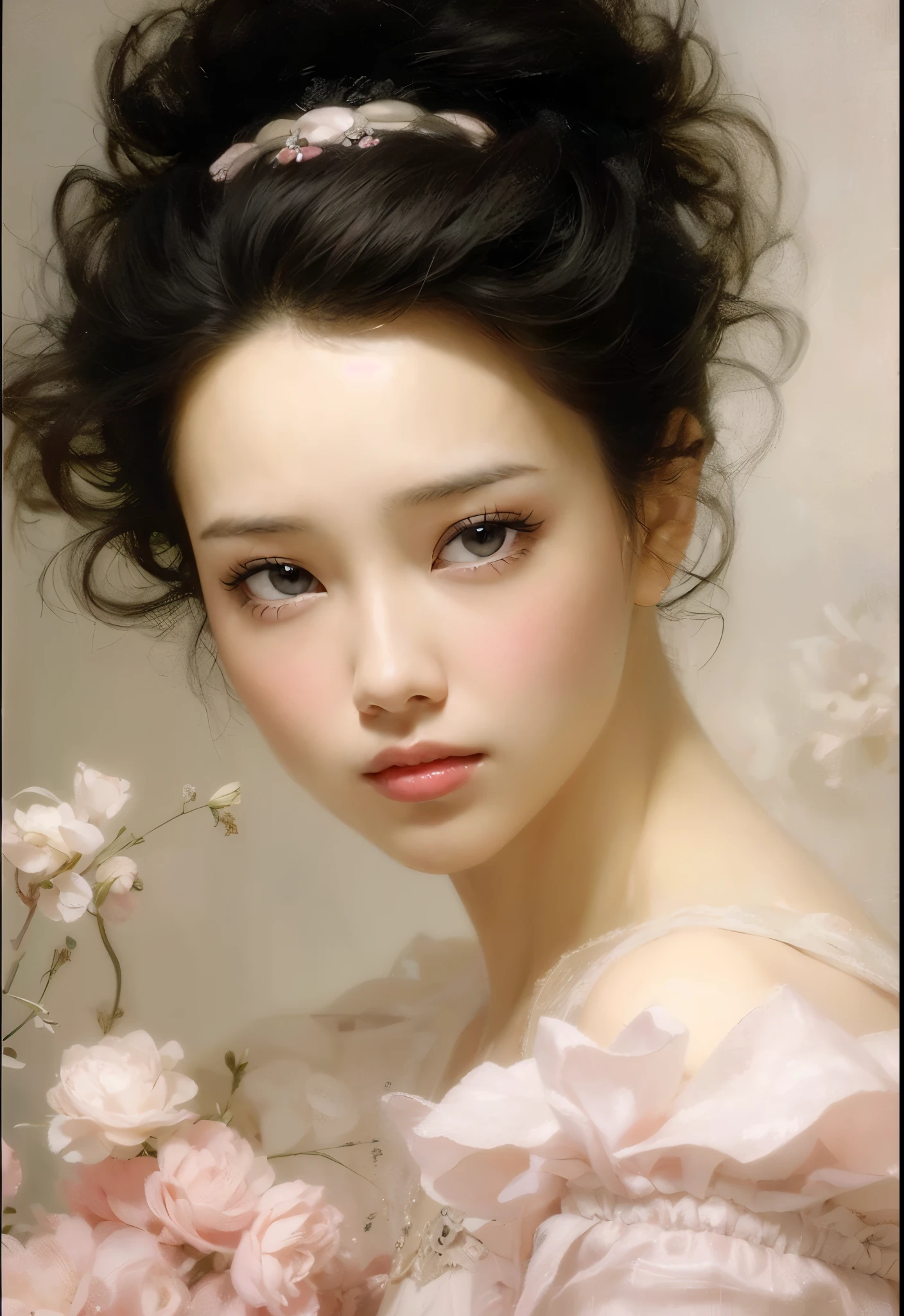 Un primer plano de una mujer con el pelo largo y pelinegro, Wonyoung de IVE, Retrato de Wonyoung de IVE, Wonyoung de IVE, Jang Wonyoung de IVE, maquillaje popular de Corea del Sur, Wonyoung de IVE, Retrato Wonyoung IVE, Tono de piel rosa pastel, Wonyoung de IVE, maquillaje coreano popular
