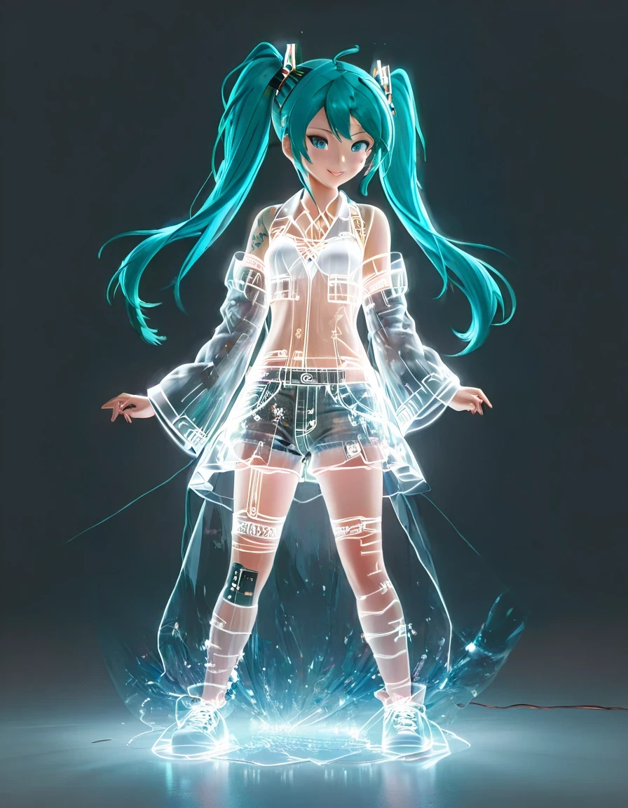 (Transparent hip-hop Hatsune Miku、:0.65), (Hip-hop costumes)Transparent ray tracing,hip-hop poss,baseball cap,Denim ripped pants。White shirt,surreal, Visual exaggeration, Nano punk,atom punck, assemble ,circuit,light painting,♒︎,Pisces, ♓︎,Unreal Engine,octane rendering,V-ray,high detail ,super quality,High resolution,Surrealism,16K,super wide angle,satellite view,bioluminescence,background:black