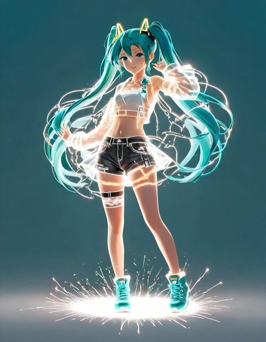(Transparent hip-hop Hatsune Miku、:0.65), (Hip-hop costumes)Transparent ray tracing,hip-hop poss,baseball cap,Denim ripped pants。White shirt,surreal, Visual exaggeration, Nano punk,atom punck, assemble ,circuit,light painting,♒︎,Pisces, ♓︎,Unreal Engine,octane rendering,V-ray,high detail ,super quality,High resolution,Surrealism,16K,super wide angle,satellite view,bioluminescence,