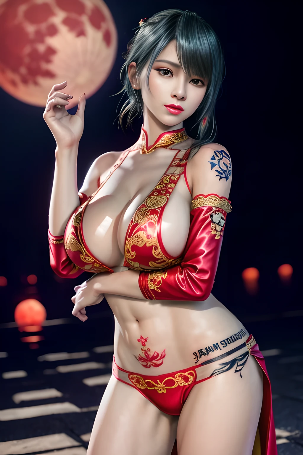 1 girl,standing posture,Dancing sleeves,nighttime,RED moon,(( ancient Hanfu)),gem tassel,( huge breasts),cleavage,shiny skin, red lips,( tattoos:1.3), masterpiece, best quality, realistic ,Rich artistic colors, 8K,Portrait art,solo, tamaki