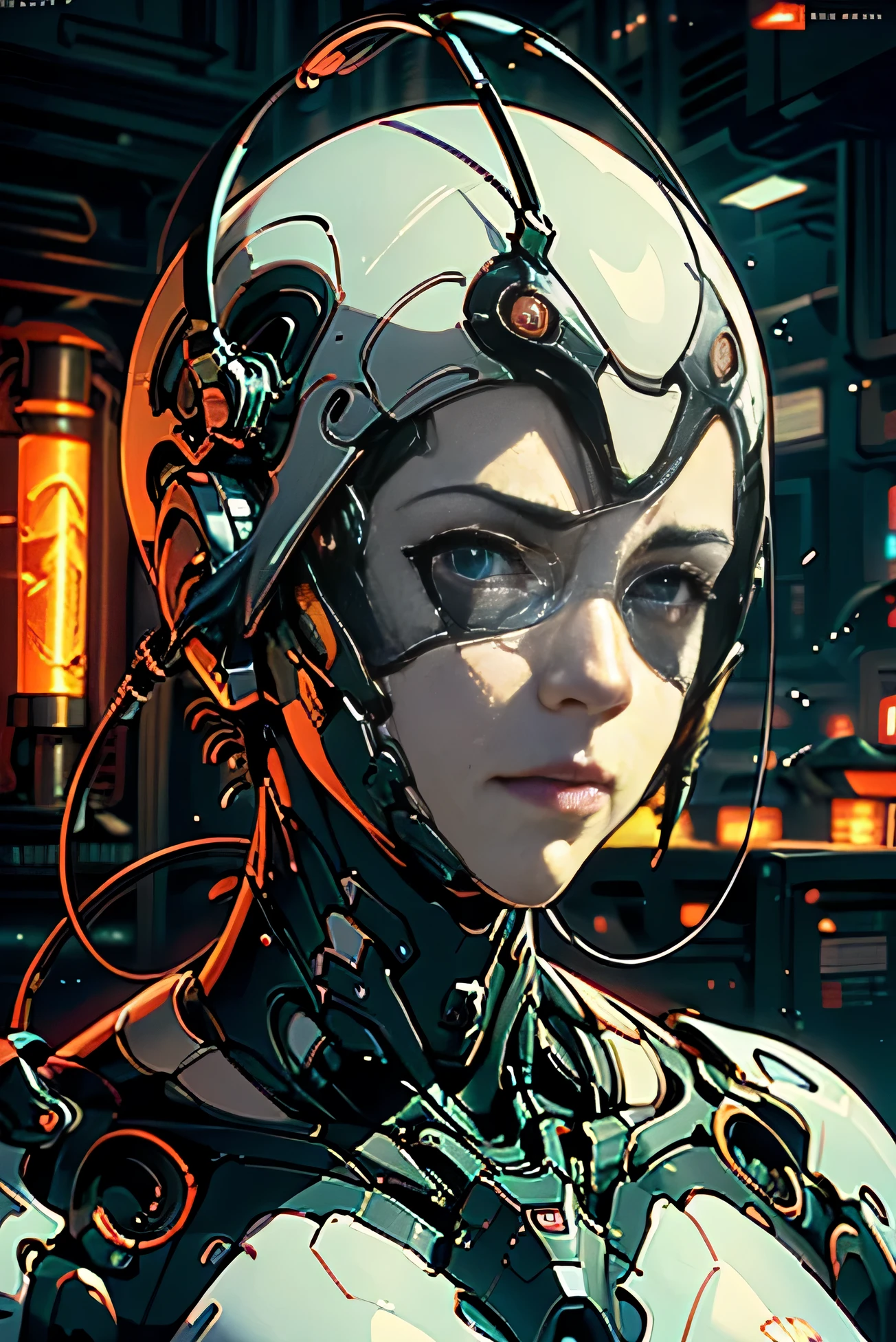 Top quality, Masterpiece, ultra high resolution, ((Photorealistic: 1.4), RAW photo, 1 Cyberpunk android girl, ((Portrait)), Glossy glossy skin, black skull lower half of face, (hyper realistic detailed)), Clear plastic covers mechanical limbs, Tubes attached to mechanical parts, Mechanical vertebrae attached to the spine, mechanical cervical attachment to the neck, wires and cables connecting to head, Evangelion, ((Ghost in the Shell)), Luminous small light, globalillumination, Deep shadows, Octane rendering, 8K, ultrasharp, metal, Intricate Ornament Details, baroque detailed, very complex details, Realistic light, CGSoation trend, Facing the camera, neon light detail, (Android manufacturing plant in the background), art by H.r. Giger and Alphonse Mucha.