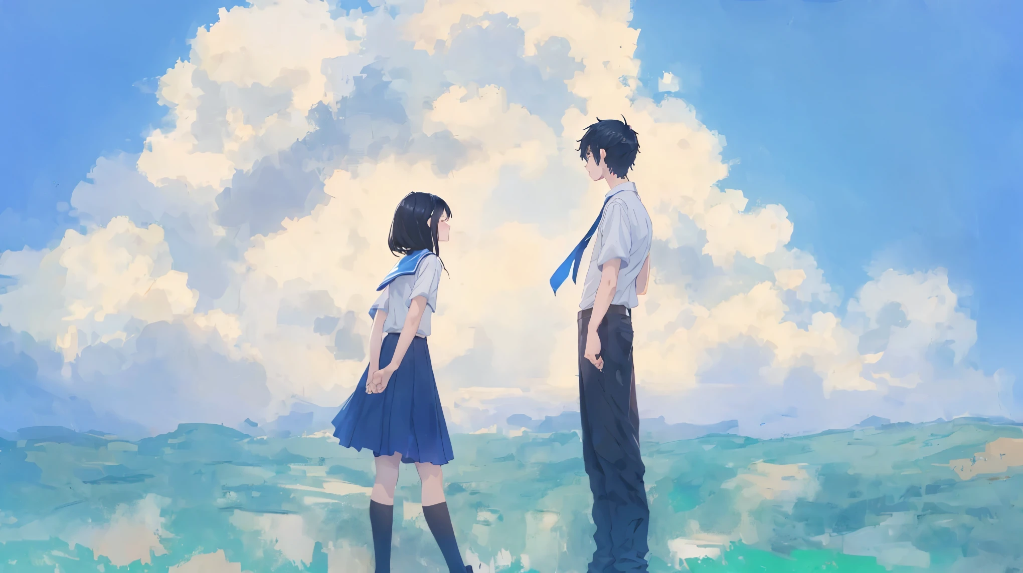 girl and boy student wearing , black hair, blue sky, ultra detailed, 8k, masterpiece
