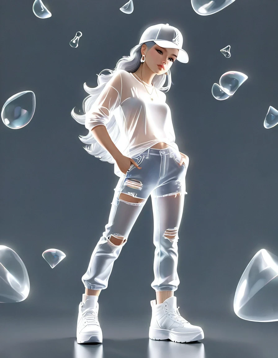 in style of Luminogram photography,,(Transparent hip-hop girl:0.65), (Hip-hop costumes)Transparent ray tracing,hip-hop poss,baseball cap,Denim ripped pants。White shirt,street background