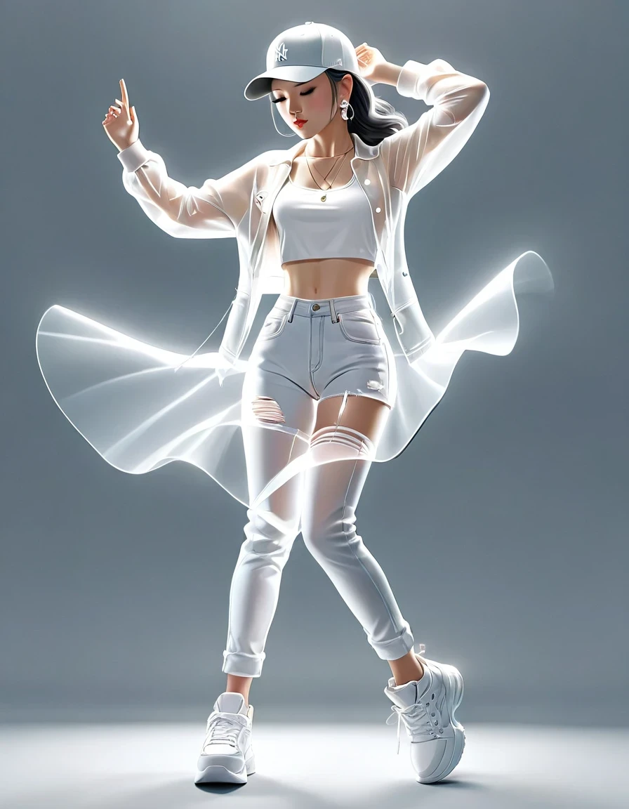 in style of Luminogram photography,，(Transparent hip-hop girl：0.65), （Hip-hop costumes）Transparent ray tracing，hip-hop poss，baseball cap，Denim ripped pants。White shirt，street background