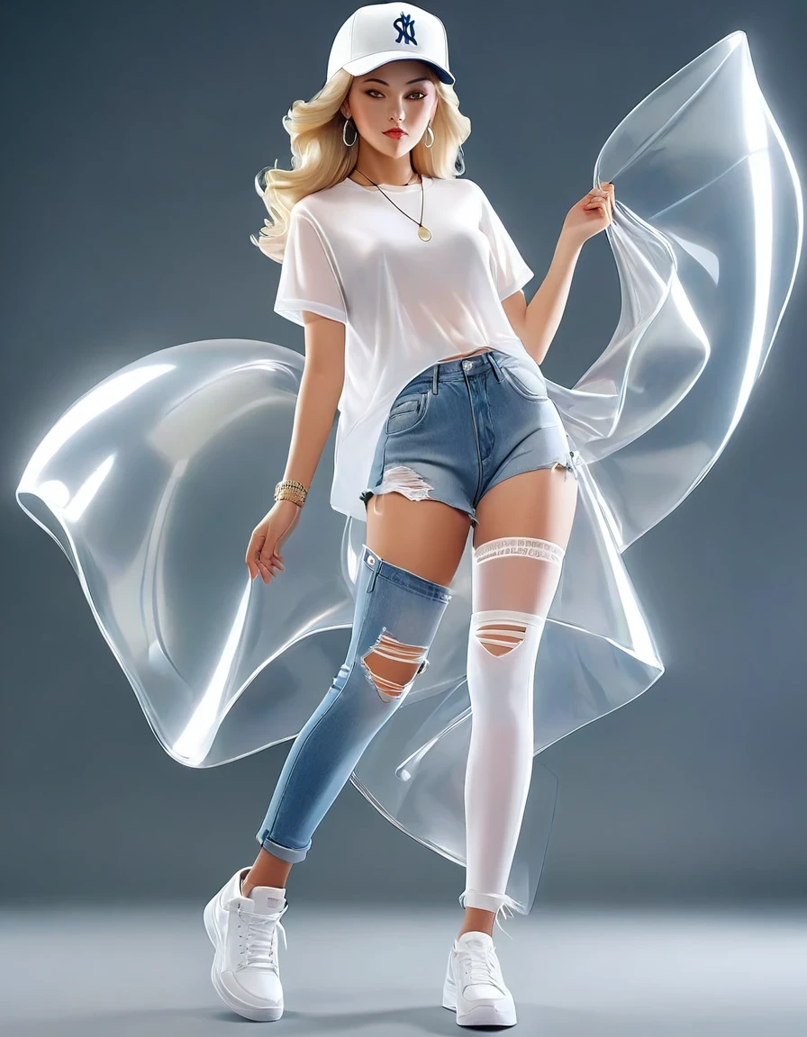 in style of Luminogram photography, Beautiful female model，(Transparent hip-hop girl：0.65), （Hip-hop costumes）Transparent ray tracing，hip-hop poss，baseball cap，Denim ripped pants。White shirt，street background
