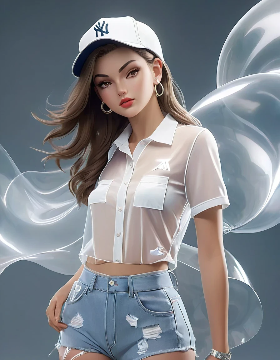 in style of Luminogram photography, Beautiful female model，(Transparent hip-hop girl：0.65), （Hip-hop costumes）Transparent ray tracing，hip-hop poss，baseball cap，Denim ripped pants。White shirt，street background