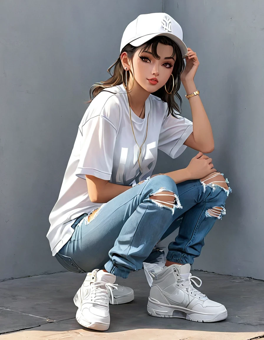 (Transparent hip-hop girl：0.65), （Hip-hop costumes）Transparent ray tracing，hip-hop poss，baseball cap，Denim ripped pants。White shirt，street background