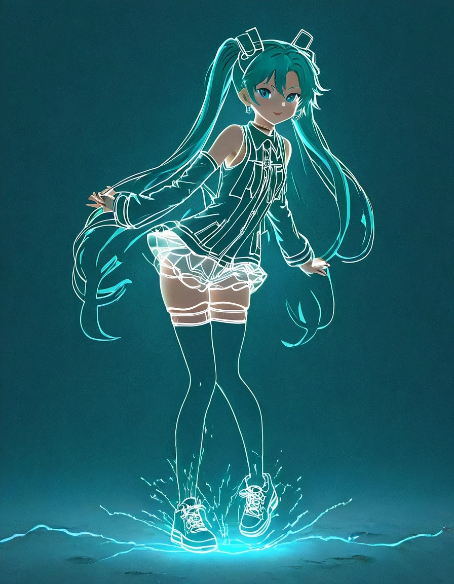 (Transparent hip-hop Hatsune Miku、：0.65), （Hip-hop costumes）Transparent ray tracing，hip-hop poss，baseball cap，Denim ripped pants。White shirt，surreal, Visual exaggeration, Nano punk,atom punck, assemble ,circuit,light painting,♒︎,Pisces, ♓︎,Unreal Engine,octane rendering,V-ray,high detail ,super quality,High resolution,Surrealism,16K,super wide angle,satellite view,bioluminescence,