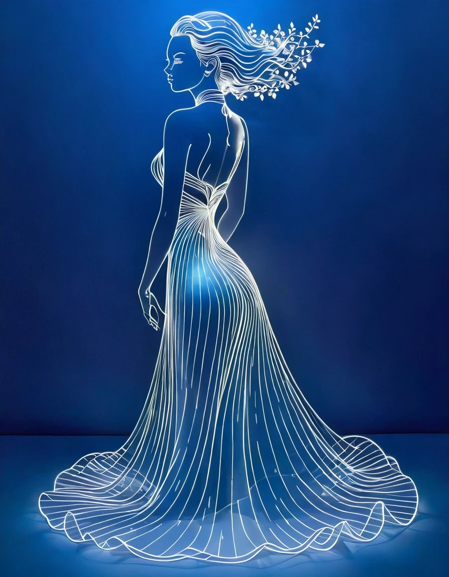 in style of Luminogram photography, Beautiful female model,a dress, full body, beautiful detailed,Electric blue