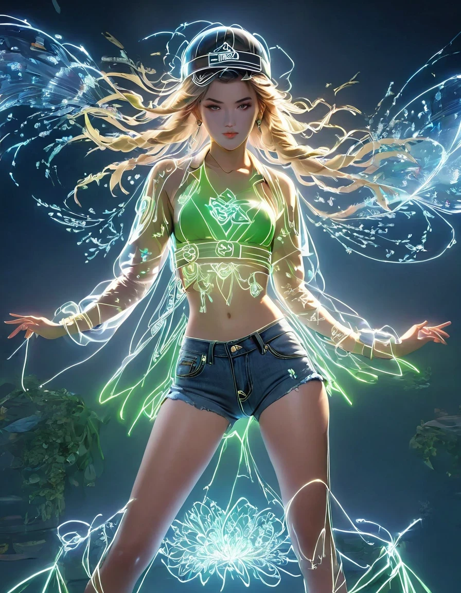 (Transparent hip-hop girl：0.65), （Hip-hop costumes：0.65），Transparent ray tracing，Crazy hip-hop poss，baseball cap，blue denim ripped pants。Green T-shirt，surreal, Visual exaggeration, Nano punk,atom punck, assemble ,circuit,light painting,♒︎,Pisces, ♓︎,Unreal Engine,octane rendering,V-ray,high detail ,super quality,High resolution,Surrealism,16K,super wide angle,satellite view,bioluminescence,