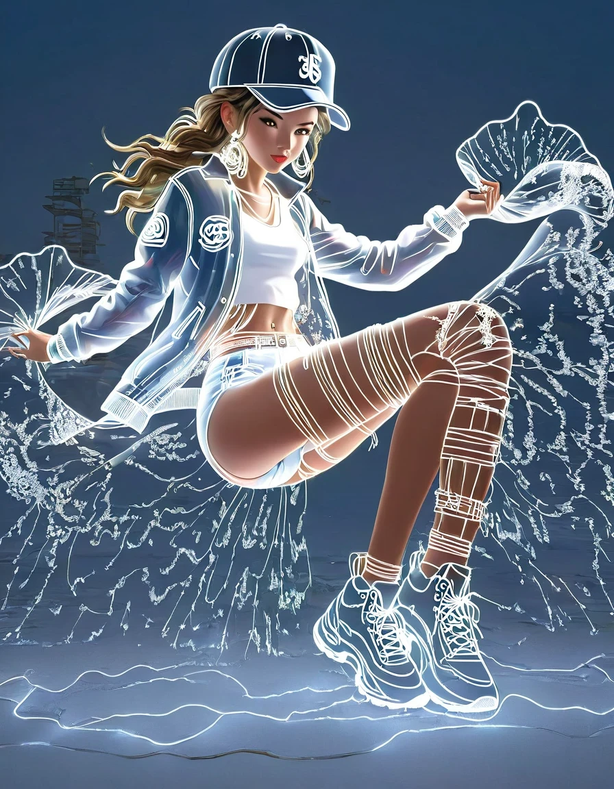 (Transparent hip-hop girl：0.65), （Hip-hop costumes）Transparent ray tracing，hip-hop poss，baseball cap，Denim ripped pants。White shirt，surreal, Visual exaggeration, Nano punk,atom punck, assemble ,circuit,light painting,♒︎,Pisces, ♓︎,Unreal Engine,octane rendering,V-ray,high detail ,super quality,High resolution,Surrealism,16K,super wide angle,satellite view,bioluminescence,