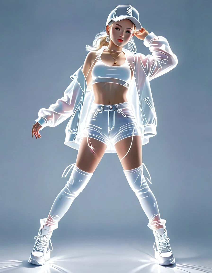 in style of Luminogram photography,(Transparent hip-hop girl:0.65), (Hip-hop costumes)Transparent ray tracing,hip-hop poss,baseball cap,Denim ripped pants。White shirt