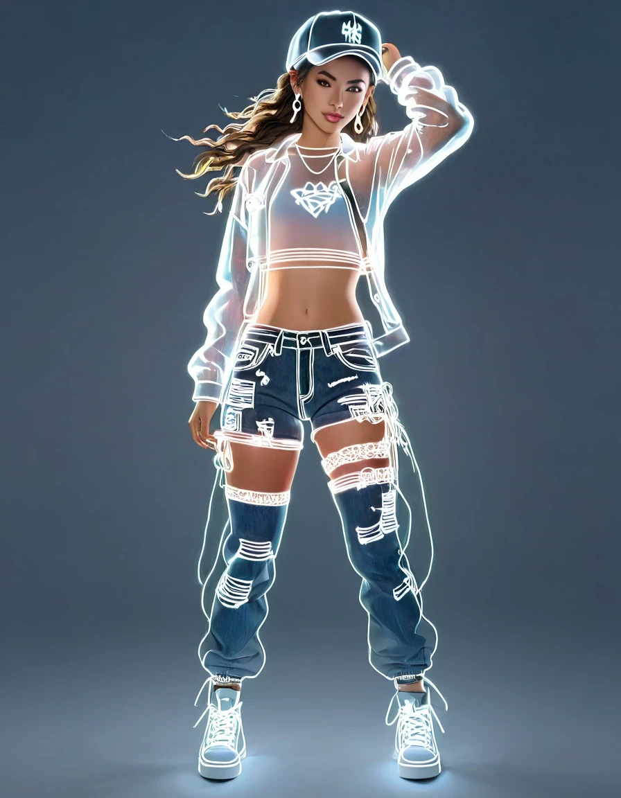 (Transparent hip-hop girl：0.65), （Hip-hop costumes）Transparent ray tracing，hip-hop poss，baseball cap，Denim ripped pants。White shirt，surreal, Visual exaggeration, Nano punk,atom punck, assemble ,circuit,light painting,♒︎,Pisces, ♓︎,Unreal Engine,octane rendering,V-ray,high detail ,super quality,High resolution,Surrealism,16K,super wide angle,satellite view,bioluminescence,