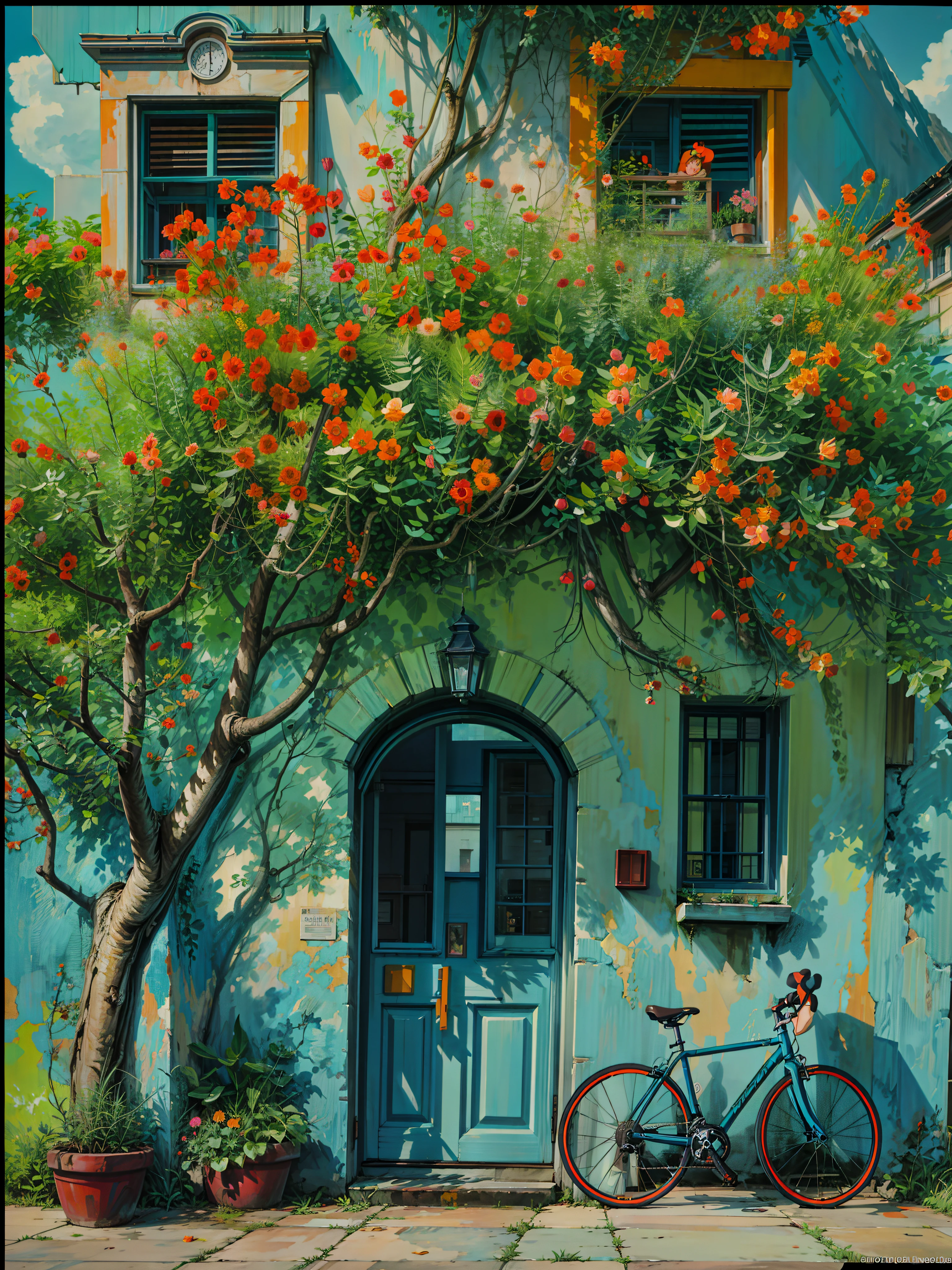 Painting of a bicycle parked in front of a green building, orange and teal, orange and turquoise, orange and teal color, teal and orange, turquoise and orange, teal orange color palette, teal and orange colours, teal and orange colour palette, cyan and orange, teal and orange colors, teal orange, orange flowers, teal orange color scheme, 4k hd,, beautiful art uhd 4 k, a beautiful artwork illustration, beautiful digital painting, highly detailed digital painting, beautiful digital artwork, detailed painting 4 k, very detailed digital painting, rich picturesque colors, gorgeous digital painting