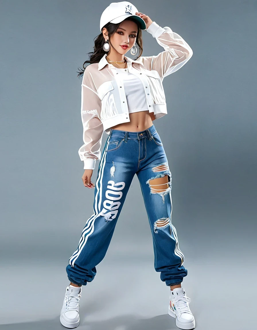 (Transparent hip-hop girl:0.65), (Hip-hop costumes)Transparent ray tracing,hip-hop poss,baseball cap,Denim ripped pants。White shirt