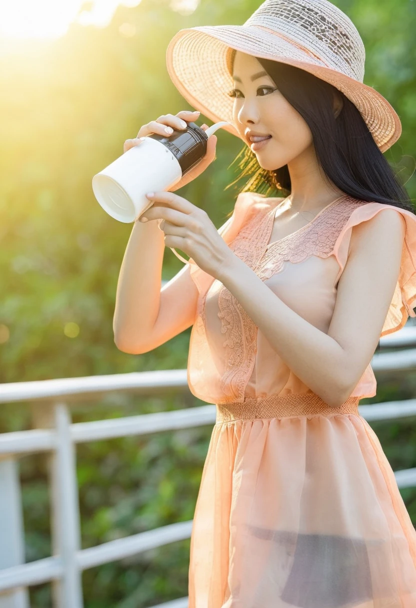 A lanky Asian woman in a (peach translucent summer dress, pick wide brimmed hat, sunglasses), is drinking her coffee while watching sunrise, spring morning