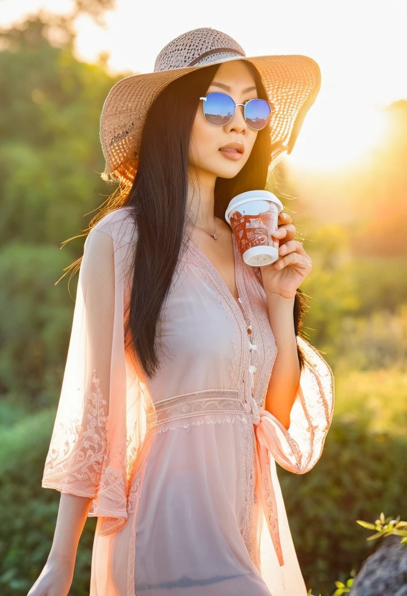 A lanky Asian woman in a (peach translucent summer dress, pick wide brimmed hat, sunglasses), is drinking her coffee while watching sunrise, spring morning