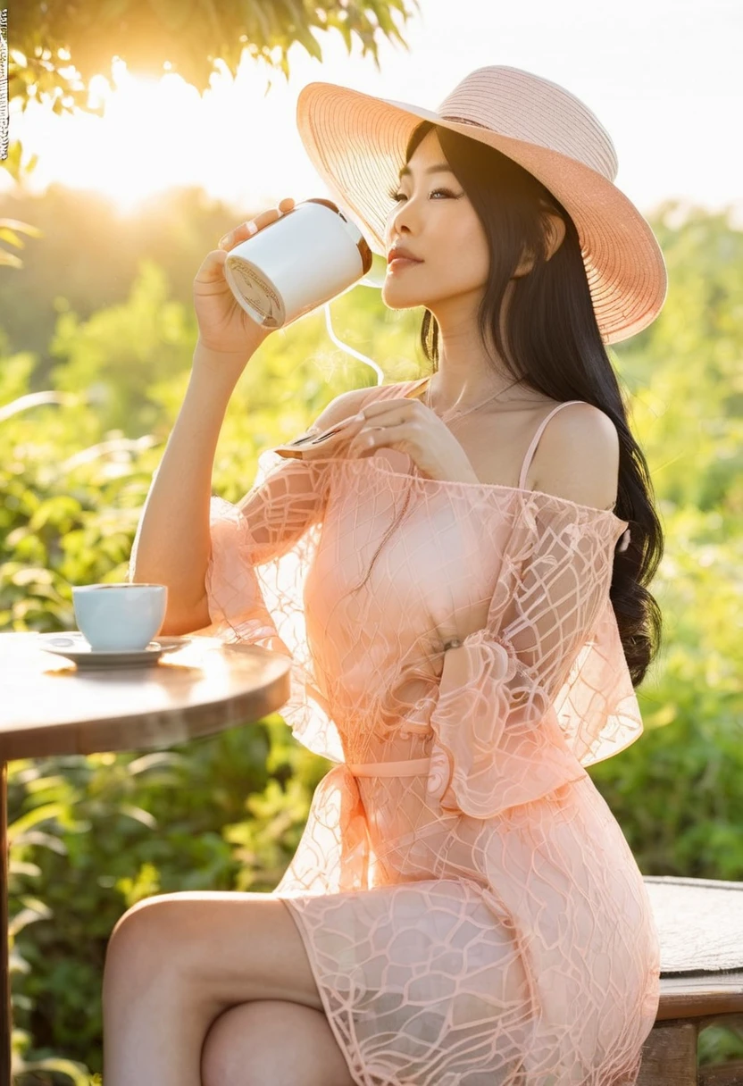 A lanky Asian woman in a (peach translucent summer dress, pick wide brimmed hat, sunglasses), is drinking her coffee while watching sunrise, spring morning