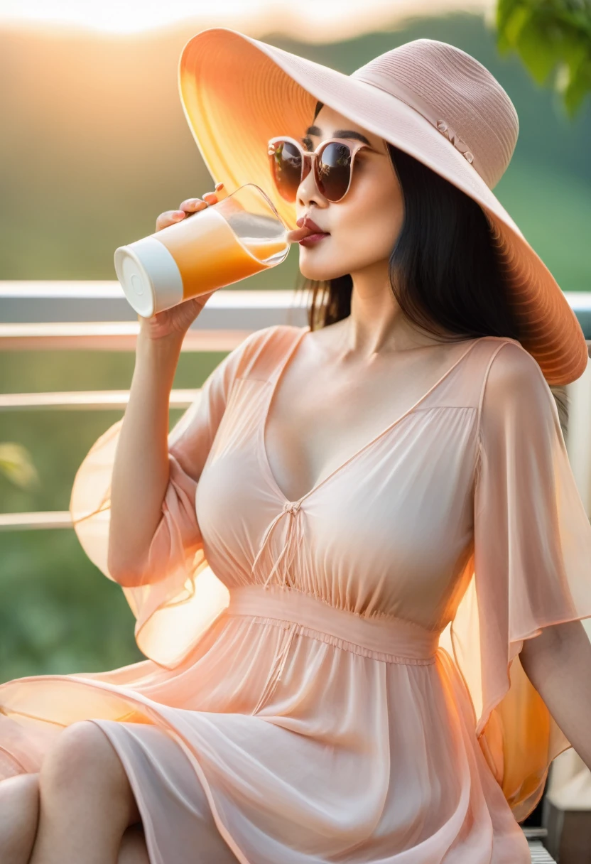 A lanky Asian woman in a (peach translucent summer dress, pick wide brimmed hat, sunglasses), is drinking her coffee while watching sunrise, spring morning