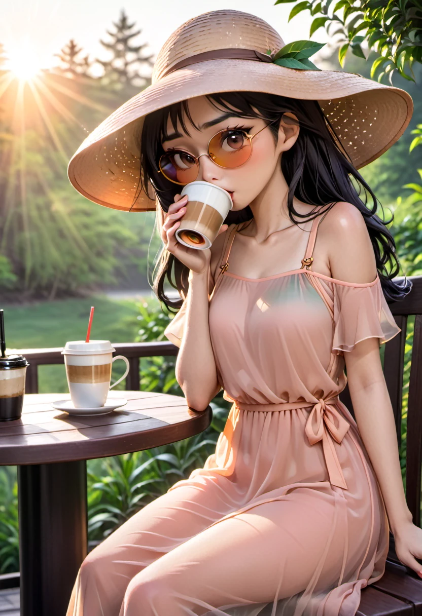 A lanky Asian woman in a (peach translucent summer dress, pick wide brimmed hat, sunglasses), is drinking her coffee while watching sunrise, spring morning
