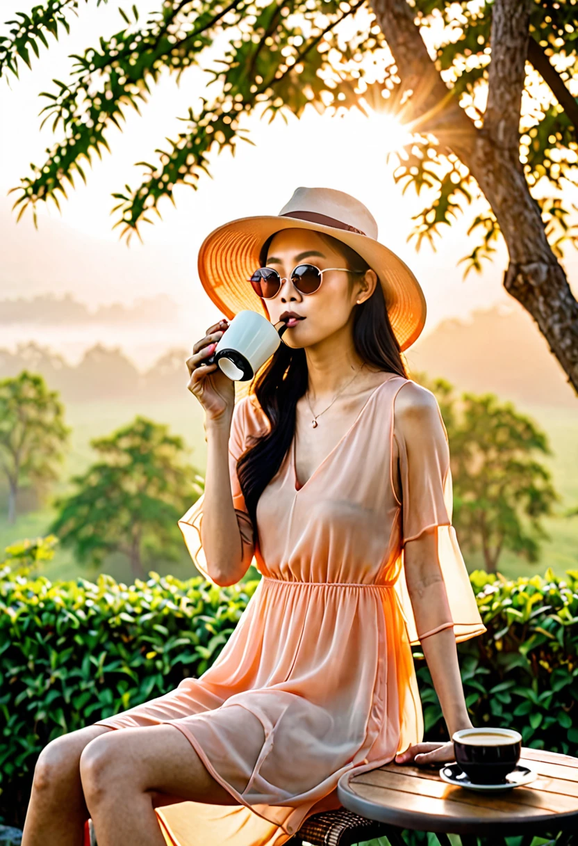 A lanky Asian woman in a (peach translucent summer dress, pick wide brimmed hat, sunglasses), is drinking her coffee while watching sunrise, spring morning