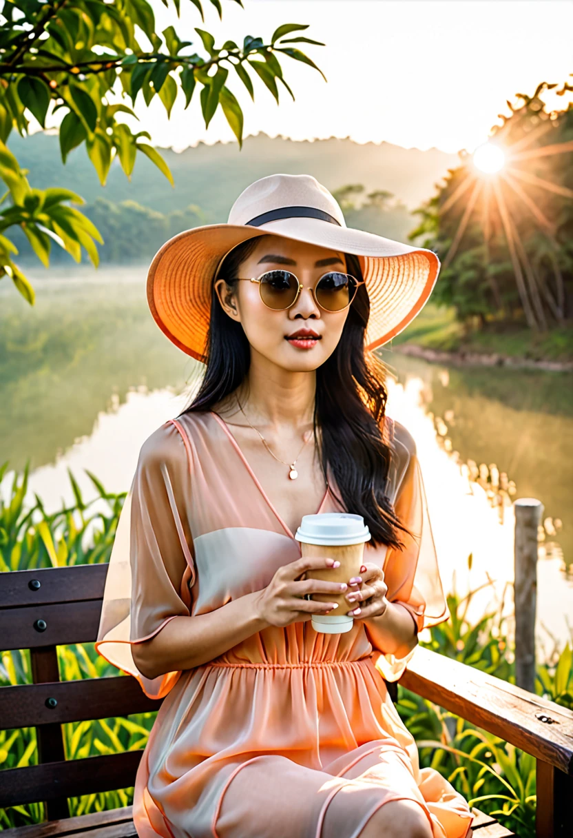 A lanky Asian woman in a (peach translucent summer dress, pick wide brimmed hat, sunglasses), is drinking her coffee while watching sunrise, spring morning
