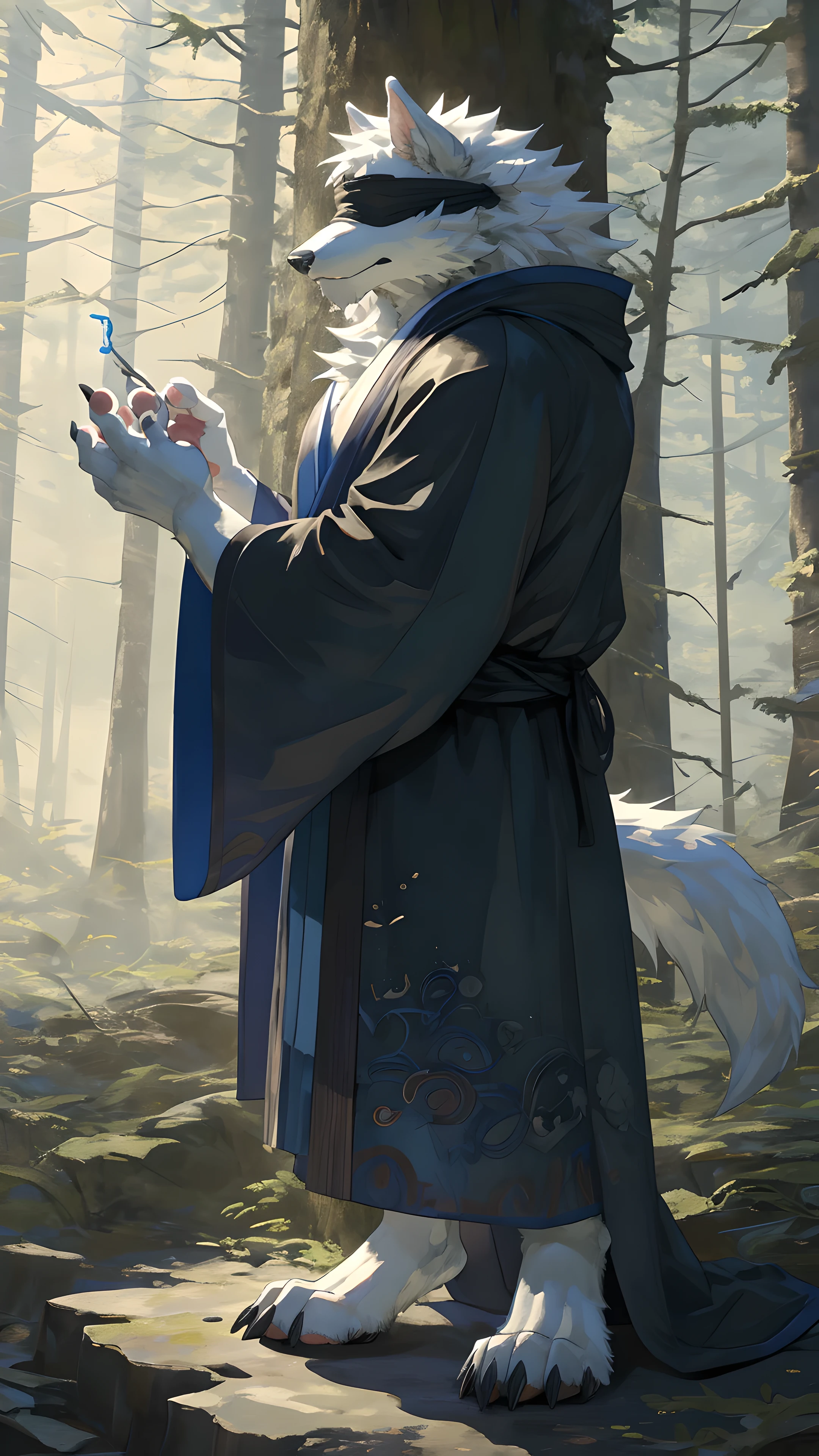 furry，werewolf:2.1，muscle:1.4，standing in forest，wear white magician's robe，excellent work，masterpiece，Extreme details，Wearing a white blindfold，white fur，pawpads，